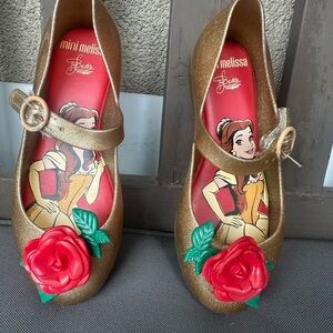 Mini Melissa Gold Glitter Mary Janes with Red Rose Accent